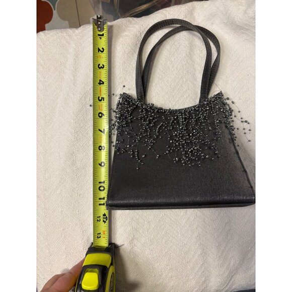 Vintage Black Satin Evening Bag Cascading Beaded Pearl Detail Double Handle Form - Picture 6 of 7
